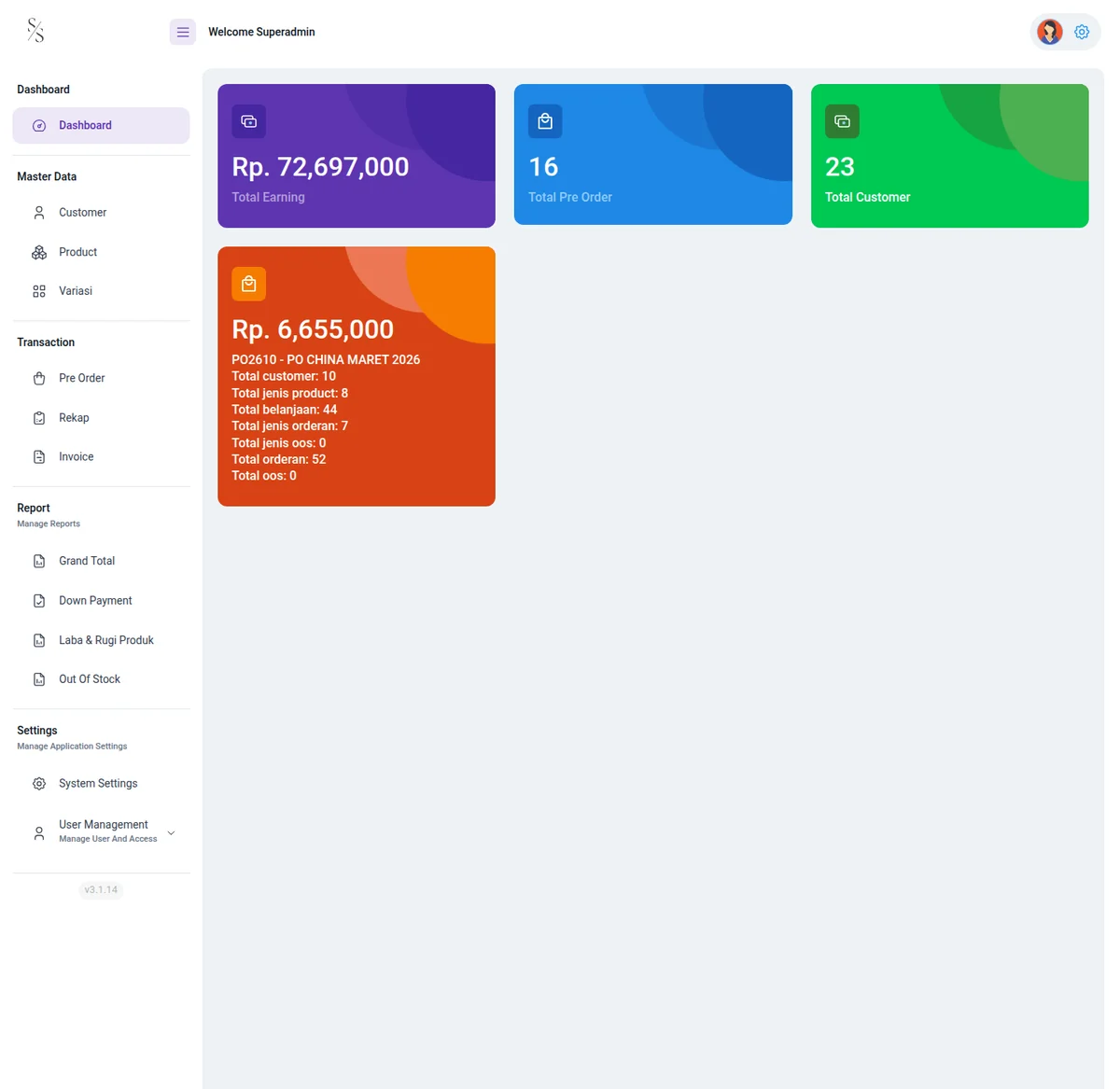 Dashboard SS Support System: ringkasan total omset, jumlah PO, jumlah customer, dan PO aktif PO2610.